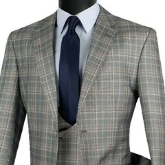 VINCI Men’s Gray Sharkskin Glen Plaid 3 Piece Suit, Reg Fit – NEW