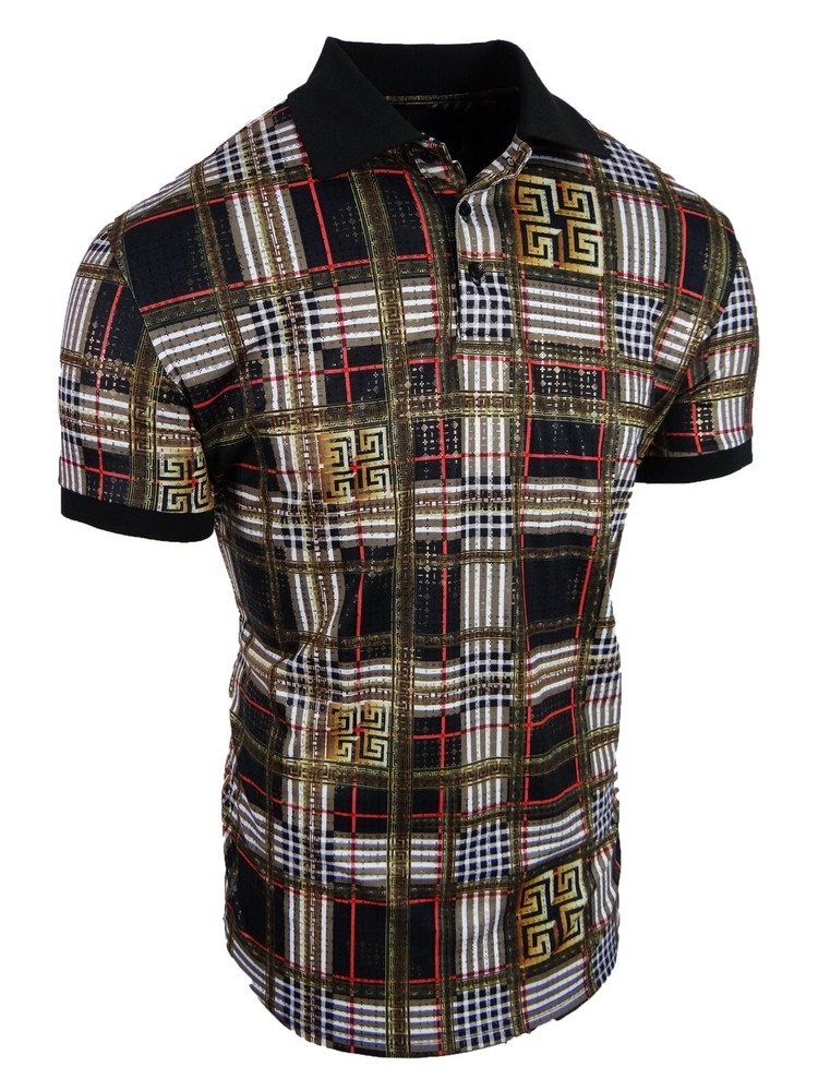 Designer Italian Mens Polo Shirt Plaid Gold Highlights Slim Fit Stretch 3 Button