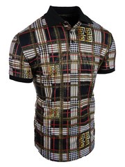 Designer Italian Mens Polo Shirt Plaid Gold Highlights Slim Fit Stretch 3 Button