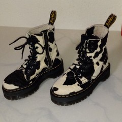 Dr. Martens Black/White Cow Print Leather Combat Ankle Boots Lace Up Zip 4