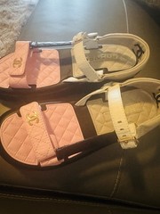 Authentic Chanel CC Sandals White Quilted Leather Hook & Loop Size 39