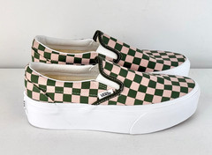 M5, W6.5-Vans Classic Slip-On Platform Checkerboard Shoe-Rose Pink/Forest Green