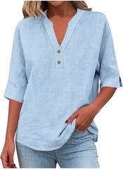 3/4 Shirt Loose Top Down Sleeve Button Linen Fit Women Neck Summer