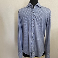 Emanuel Berg Mens S(READ) Blue Geometric Print Jersey Dress Shirt Modern Fit