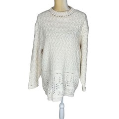 Coldwater Creek Cream Fisherman Knit Sweater Cotton Blend Crew Neck Large