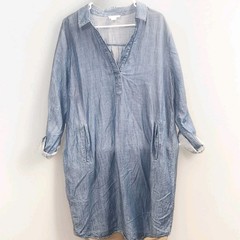 LOFT L Blue Denim V-Neck Pullover Long/cuffed Sleeve Shift Dress Pockets Jean