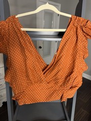 Free People 2-Piece Orange/White Polka Dot Top & Skirt Set Ruffle V-Neck M
