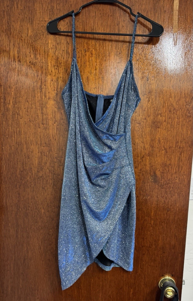 Charlotte Russe Blue Glitter Cowl Neck Wrap Mini Dress Adjustable Straps women L