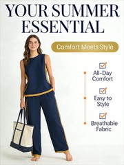 Simple Stripe Print Women’s Suits Sleeveless Blouse Wide Leg Pants Two Piece Set