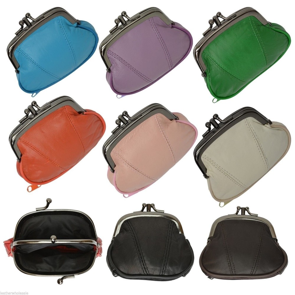 Women’s Leather Metal Frame Double Clasp Zipper Coin Change Purse Ladies
