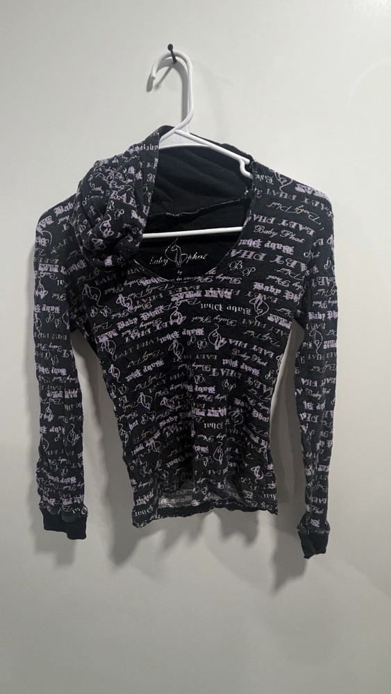 Baby Phat Y2K Hoodie Jacket Logo Pattern Black Zip Up Pockets Sz S