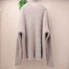 Women Camel Hairy Angora Rabbit Hair Knitted O-Neck Loose Sweater Jumper Pull