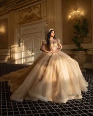 Princess Lace Applique Quinceanera Dress with Bow Layered Party Dress With Train