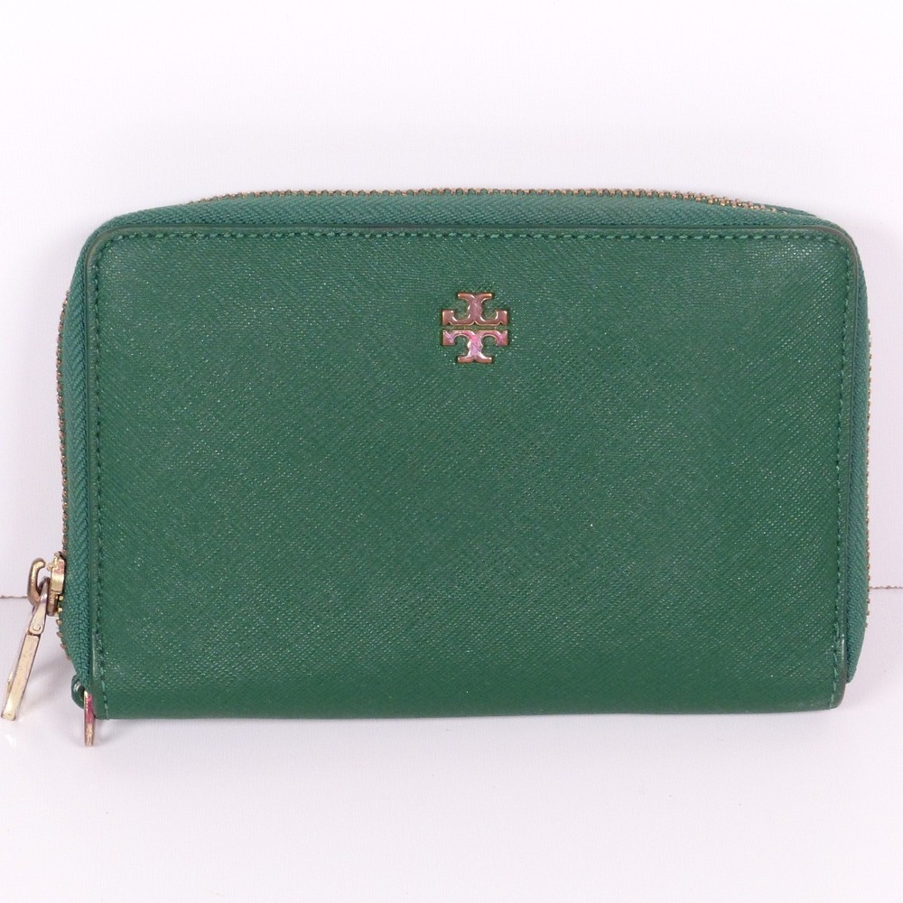 Tory Burch Green Zip Around Womens Wallet Card Slots Coin Pocket Saffiano READ