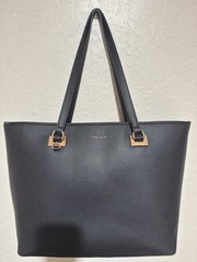 Anne Klein Women’s Work Tote Bag Black Pebbled Faux Leather Gold Hardware Purse￼