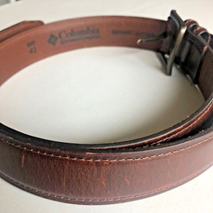 Columbia Brown Leather Belt Heavy Duty Work Mens Sz 42 Double Loops Brass Patina