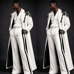 White Men’s Suits Evening Dinner Long Jacket 2Pcs with Black Lace Appliques Coat