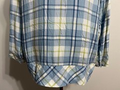 J.Jill Petite Button-Front Tunic Shirt Light Blue Navy White Moss Green Plaid PL