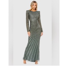 Mac Duggal Slate Gray Green Long Sleeve Beaded Maxi Gown, NEW Size 12, MSRP $598