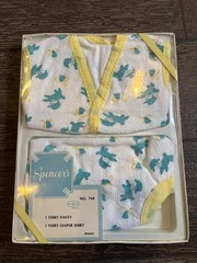 Vintage Spencer’s Layette Set Newborn Terry Diaper Shirt Panty Animal Print USA