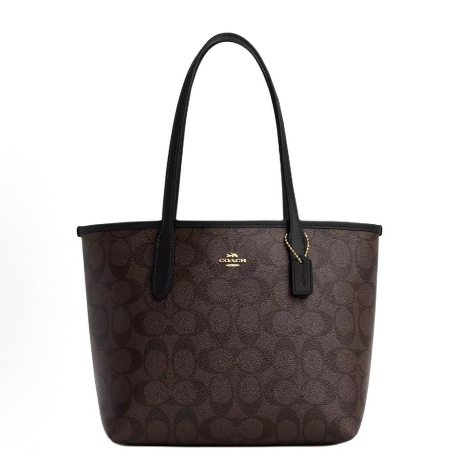 NWT COACH CU759 Small City Tote Signature Coated Canvas Black Brown Outlet New