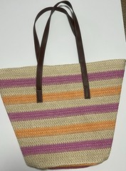 Striped Beach Tote Bag Beige Purple Orange, Brown Shoulder Straps, Magnetic