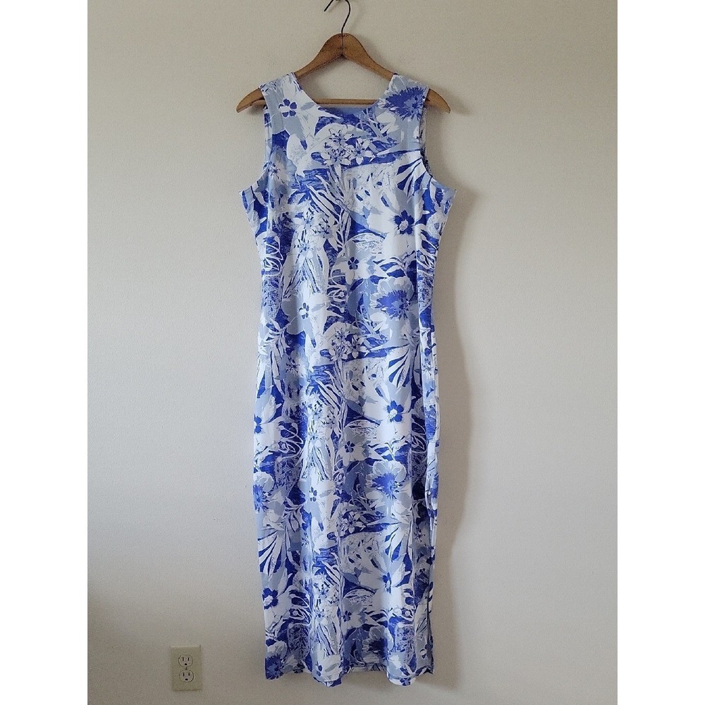 Ana Clare Blue White Tropical Emilee Maxi Shift Dress Size Large