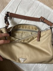 Vintage Prada Tessuto Nylon Beige Tan Shoulder Bag Brown Buckle Strap Re-edition
