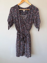 Gap Wrap Dress Womens M Black Floral Print Kimono Sleeve Mini Boho
