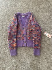 Hazel Moon M purple multicolored rainbow fuzzy button up cardigan sweater wmns