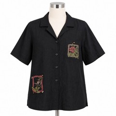 Erin London Silk Linen Camp Shirt Medium Black Tropical Floral Button Front