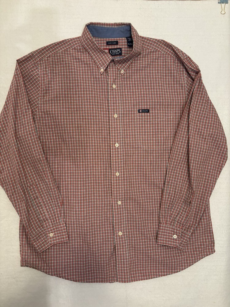 Chaps Shirt Mens XL Cotton Blue Red Plaid Long Sleeve Button Down Easy Care
