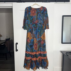 Farm Rio Blue Multicolor Floral V-Neck Smocked Ruffle Midi Dress M