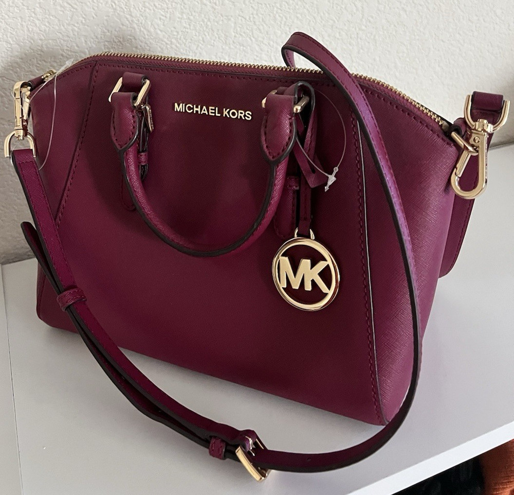 Michael Kors Burgundy Medium Satchel Zip Top Detachable Strap Bag Charm