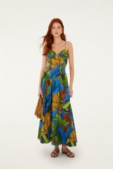 Farm Rio Blue Banana Grapes 3d Bodice Sleeveless Maxi Dress M