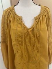 Old Navy Mustard Yellow Eyelet Peasant Tie Neck Balloon Sleeve Blouse – Large
