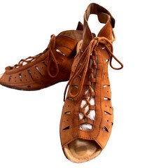Earth Lace Up Nubuck Leather Boho Festival Cutout Peep Toe Brown Bootie Sandals