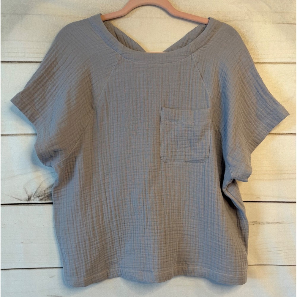 Madewell Muslin Gauze Reversible Button Back Top NE240 Blue Grey Womens L NWT
