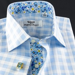 Blue Check Formal Business Dress Shirt Wih Blue Floral Inner Lining Double Cuff