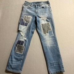 Rue21 Premium Relaxed Fit Jeans Womens 30×30 Blue Distressed Patchwork Denim