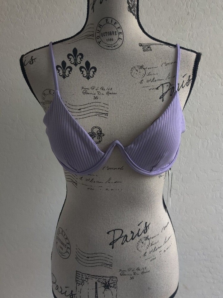 NWT RVCA Lilac Purple Ribbed Invert V Wire Underwire Swim Bikini Bra_10/Medium