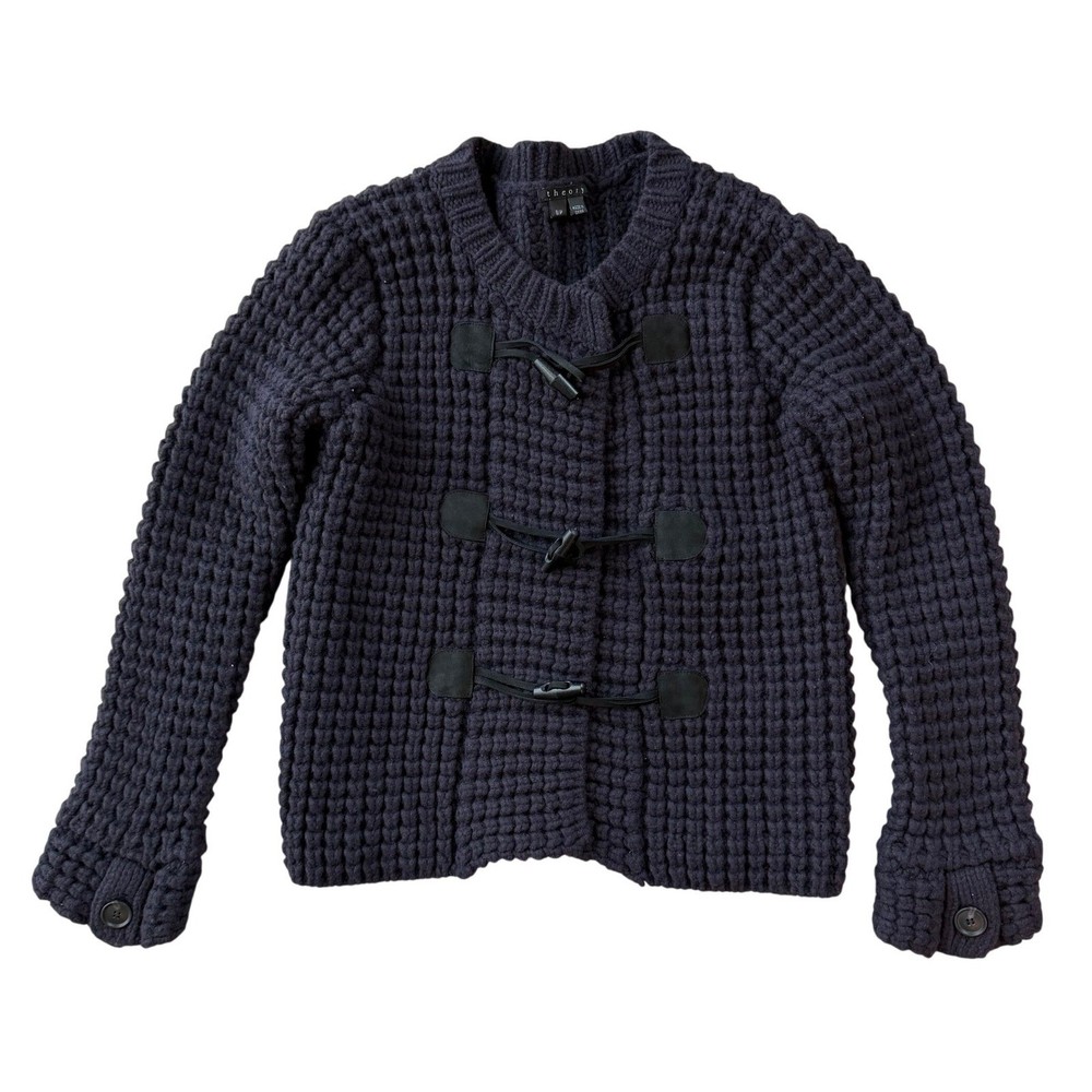 Theory Navy Wool Cashmere Chunky Waffle Knit Toggle Cardigan Women’s S/P