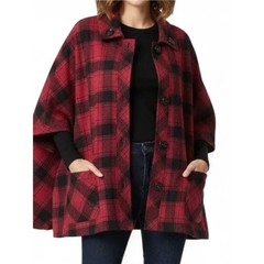 Coldwater Creek XL Buffalo Plaid Cape Poncho Jacket Red Black Wool