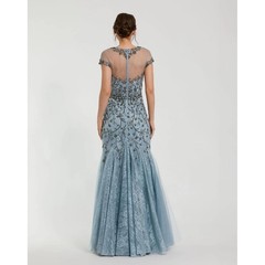 Elegant Blue Lace Ball Dress with Illusion Collar Crystal Decal Evening Gown