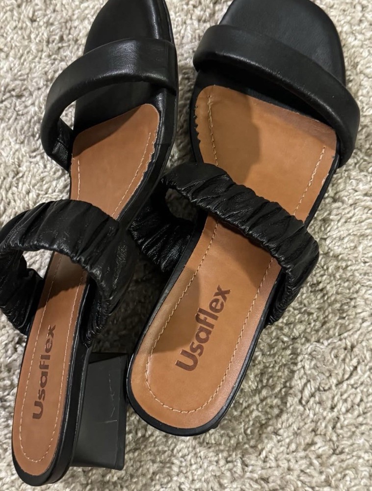 Usaflex Women’s Black Leather Slide Sandals Slip-On Ruched Strap Block Heel