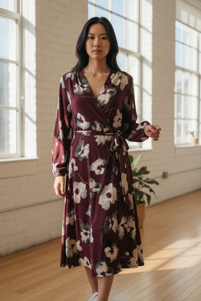 London Style Long Sleeve V-Neck Purple Floral Belted Midi Dress 8