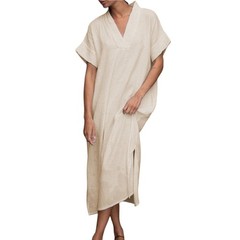 100% Cotton Gauze Sleep Dress Women Loose V Neck Loungewear Home Nightgown Beige