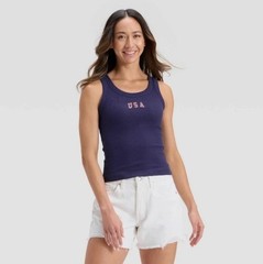 USA Tank Top Universal Thread Embroidered Ribbed Women M Size Blue Navy
