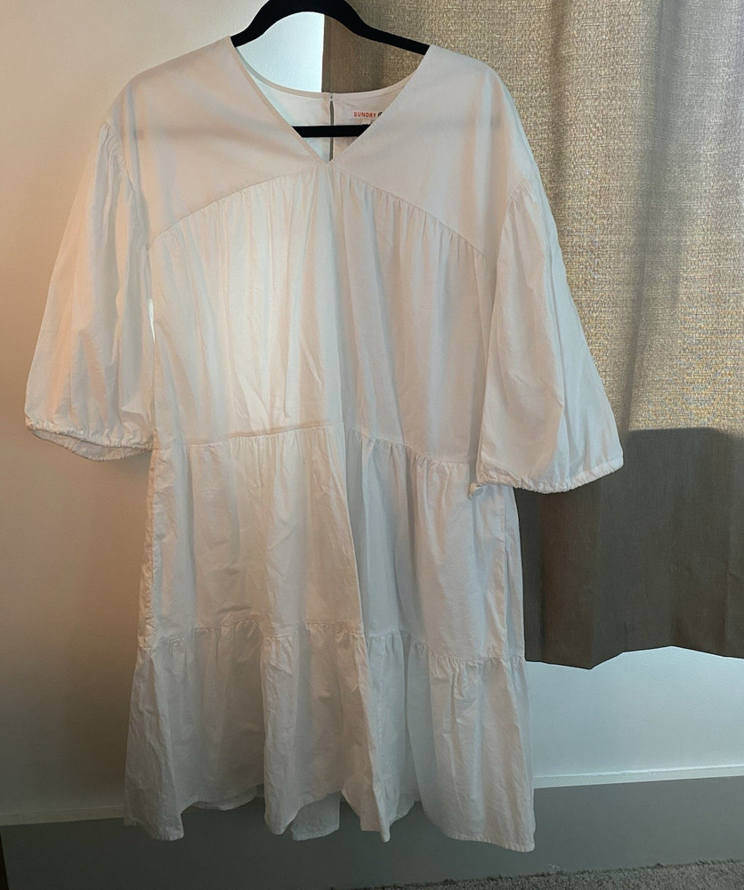 Sundry White Solid Babydoll Dress V-Neck 3/4 Puff Sleeve Short Zip Sz 0