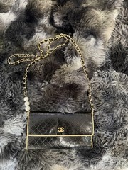 CHANEL Black Quilted Flap WOC Gold Hardware Chain Strap Pearl Accents